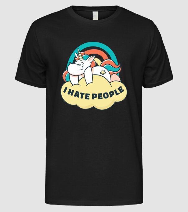 Urăsc oamenii Unicorn model negru pe tricou