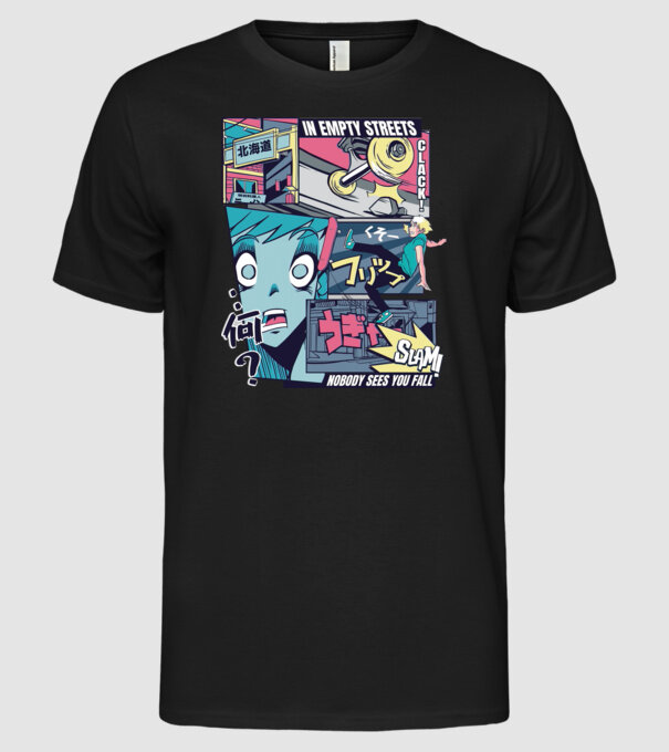 Anime Vaporwave Benzi desenate Skateboard model negru pe tricou