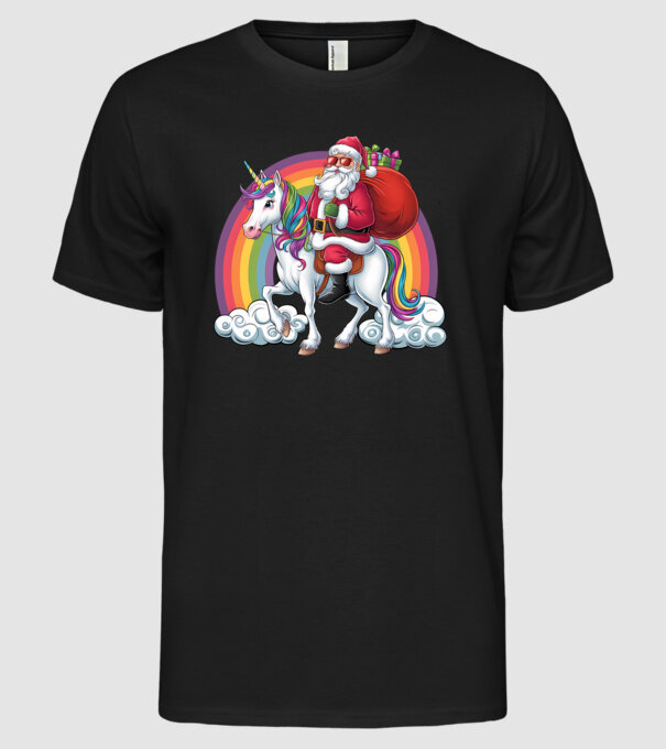 Moș Crăciun cool pe un unicorn 2 model negru pe tricou