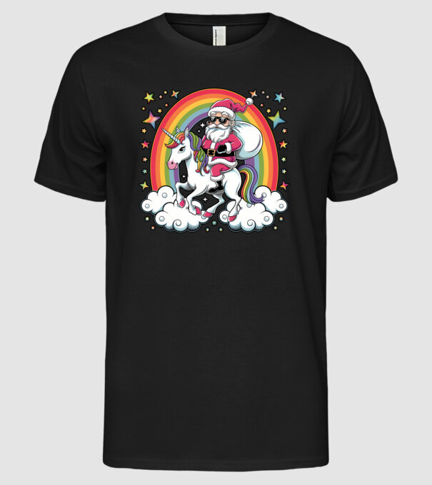 Moș Crăciun cool pe un unicorn model negru pe tricou