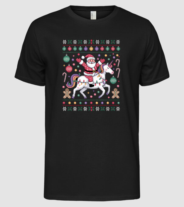 Moș Crăciun pe un pulover urât unicorn model negru pe tricou