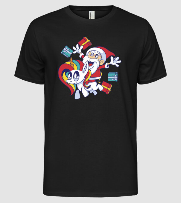 Moș Crăciun pe un unicorn model negru pe tricou