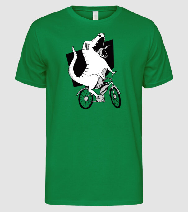 Dinozaur cu bicicletă model verde pe tricou