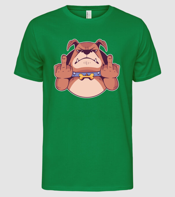 Bulldog arată degetul model verde pe tricou