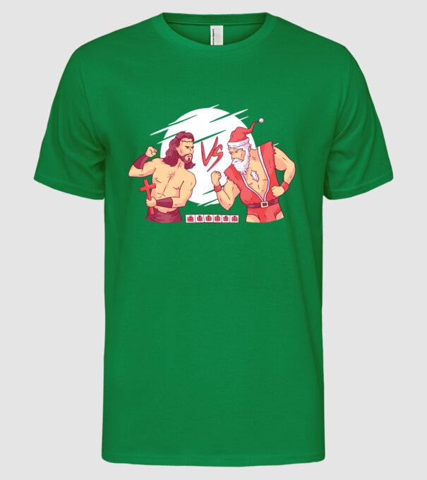 Isus vs Moș Crăciun Street Fighter tricou amuzant Crăciun model verde pe tricou