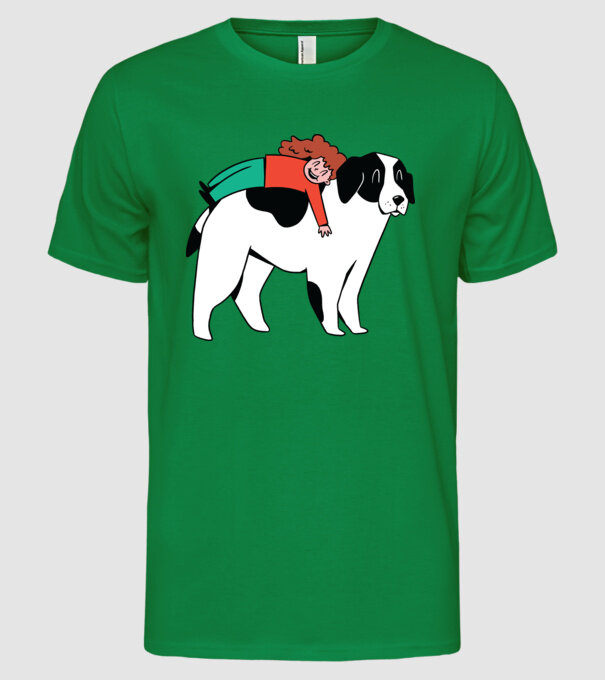 Fetiță cu câine model verde pe tricou