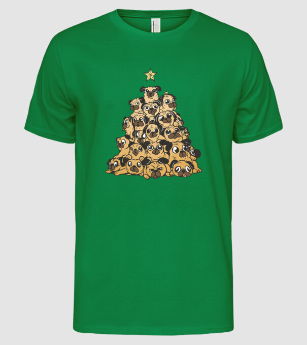 pom de Crăciun cu cățel (mops) model verde pe tricou