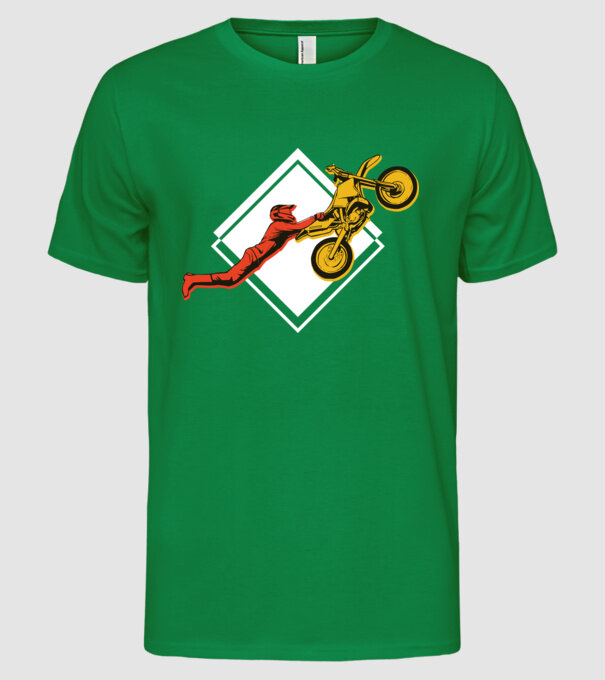 Săritură motocicletă model verde pe tricou