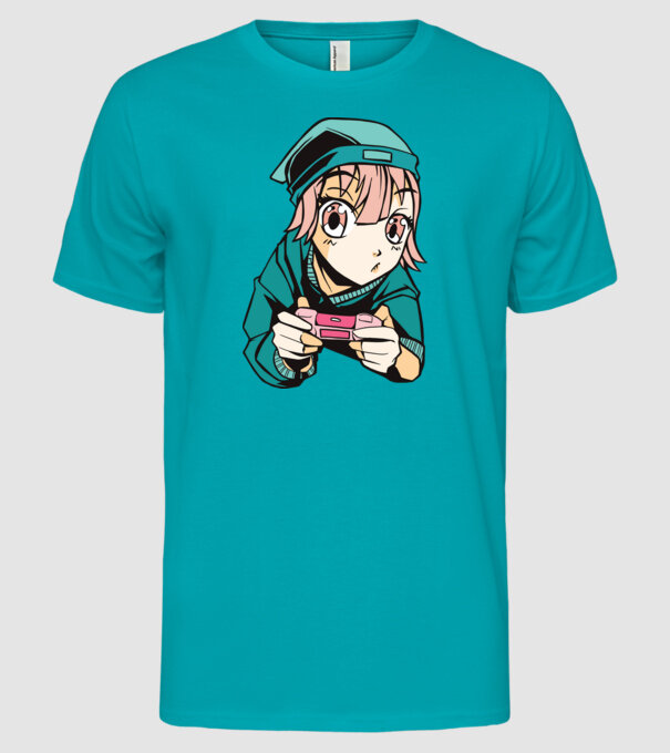 Anime fată Gamer model turcoaz pe tricou