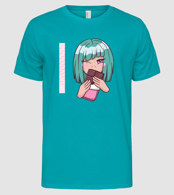 Anime fată cu ciocolată model turcoaz pe tricou