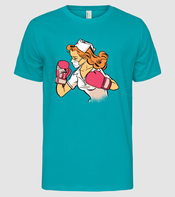 Asistentă Boxer model turcoaz pe tricou
