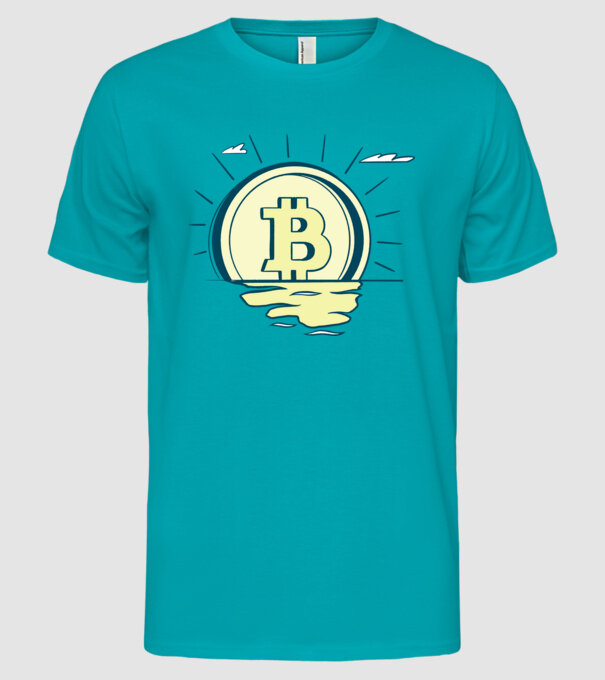 Bitcoin sunrise model turcoaz pe tricou