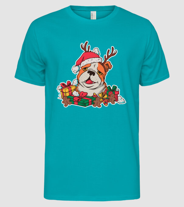 Bulldog de Crăciun model turcoaz pe tricou