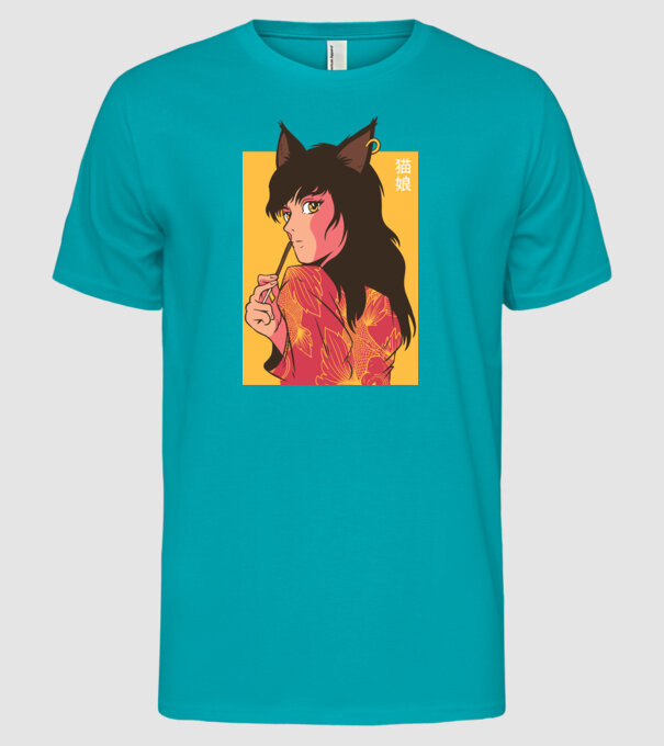Pisică Fată Anime model turcoaz pe tricou