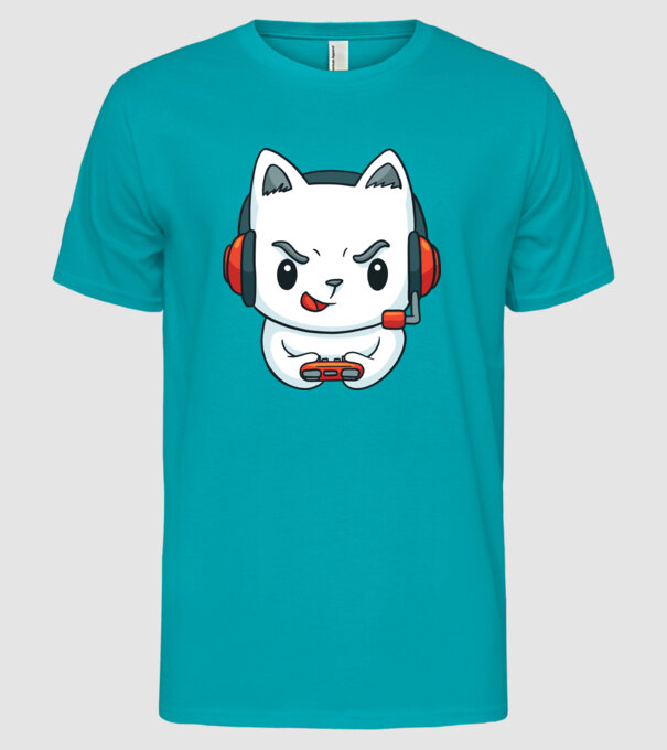Pisică Gamer model turcoaz pe tricou