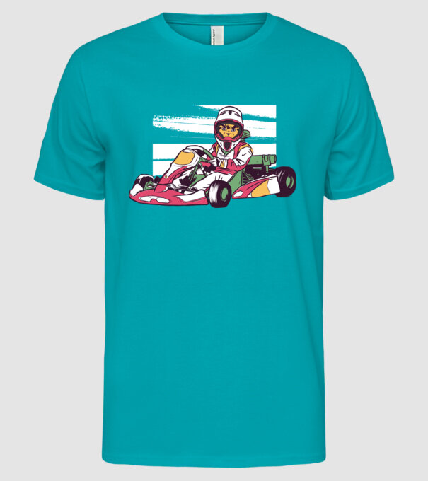 Pisică gokart model turcoaz pe tricou