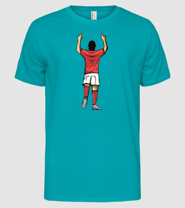Fotbalist sărbătorind golul model turcoaz pe tricou