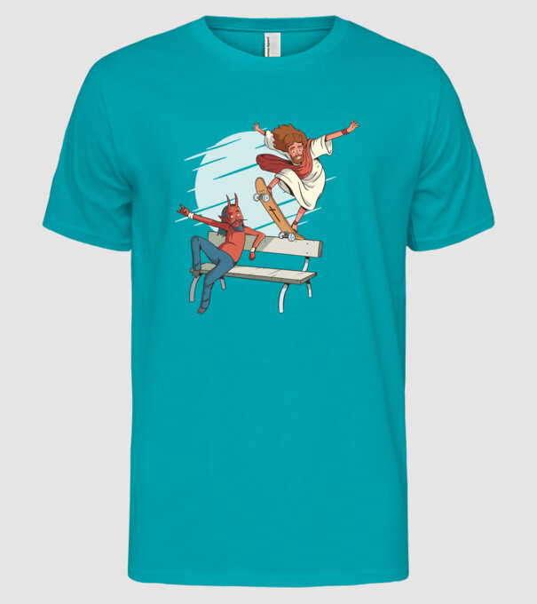 Isus Skateboarding model turcoaz pe tricou