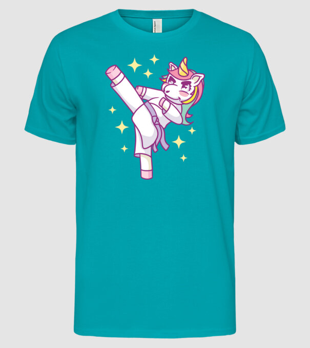 Karate unicorn model turcoaz pe tricou