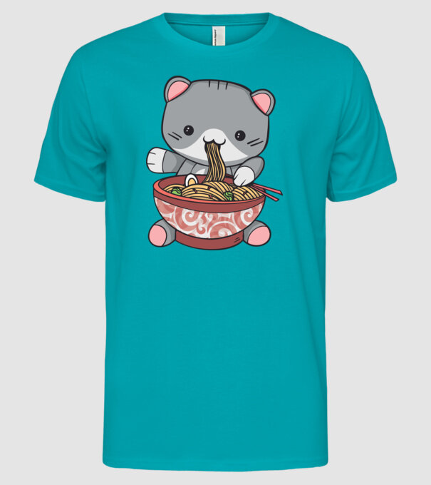 Pisică Kawaii Ramen model turcoaz pe tricou