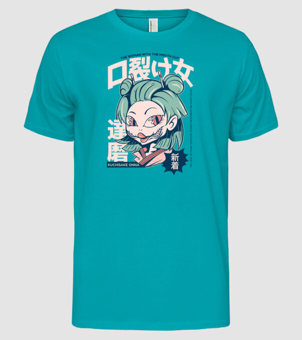 Kuchisake Onna Yokai Anime model turcoaz pe tricou