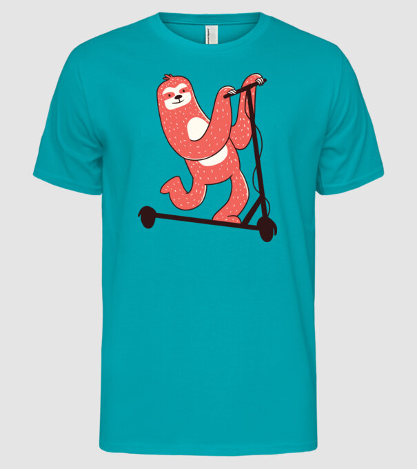 Leneș pe trotinetă model turcoaz pe tricou