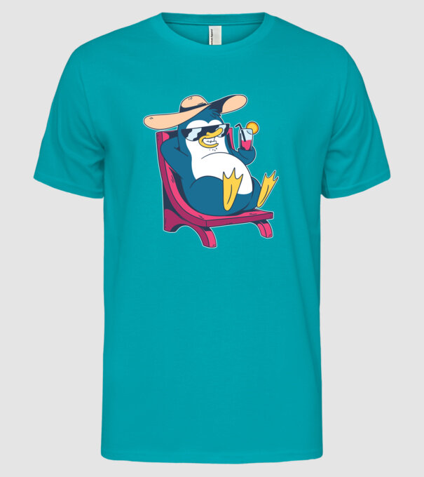 Pinguin cool stă la plajă la mare model turcoaz pe tricou