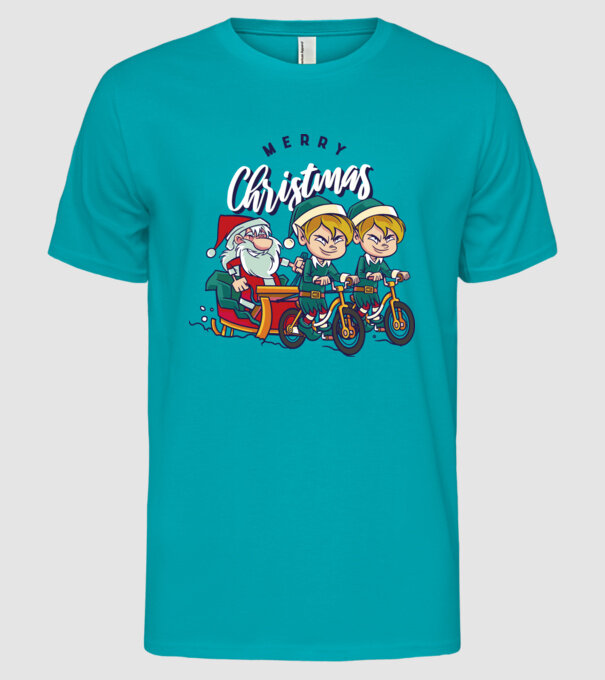 Merry Christmas Moș Crăciun cu sanie cu bicicletă model turcoaz pe tricou