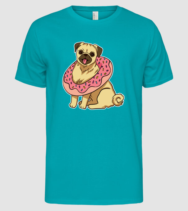 Mops cu gogoașă la gât model turcoaz pe tricou