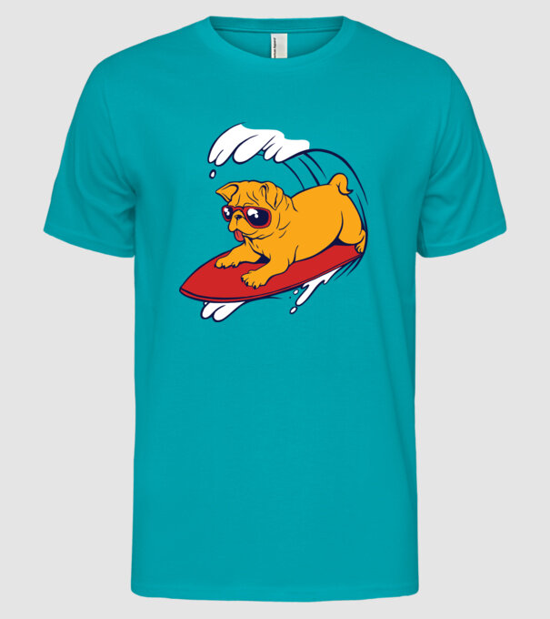 Mops Surf model turcoaz pe tricou