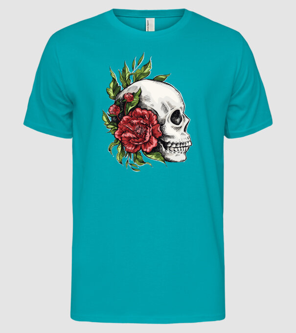 Trandafiri și craniu model turcoaz pe tricou