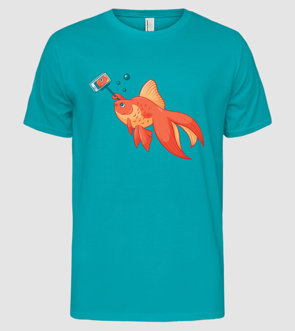 Selfish - Pește făcând selfie model turcoaz pe tricou