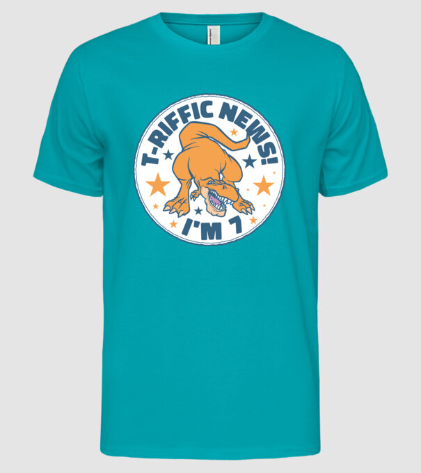 'T-rex Terrific news i''m 7' model turcoaz pe tricou