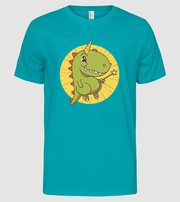 T-rex Unicorn cu baghetă magică model turcoaz pe tricou