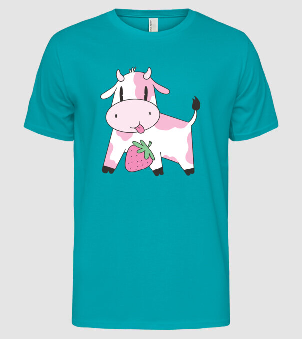 Vacă cu căpșuni model turcoaz pe tricou