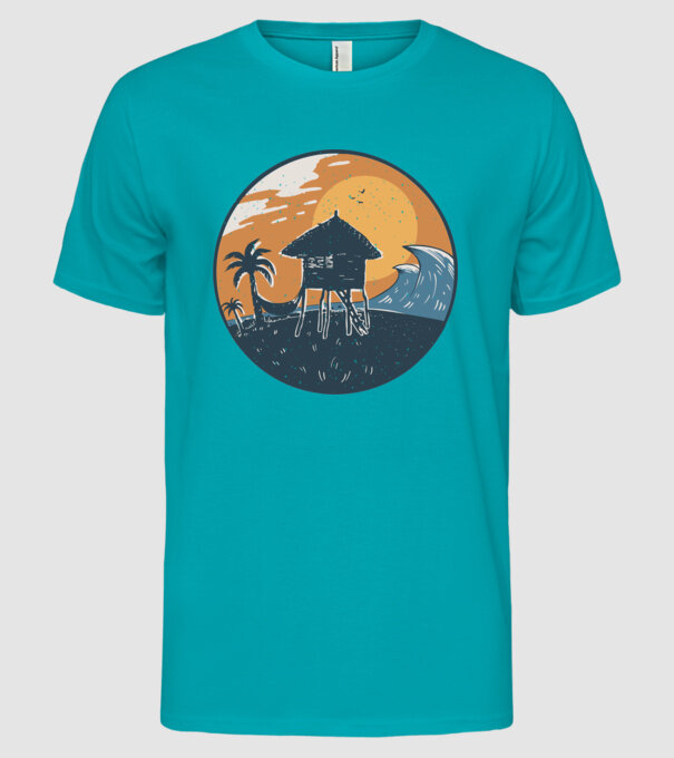 Bungalou pe plajă model turcoaz pe tricou