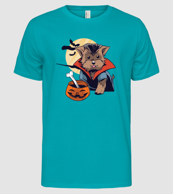 Vampir Yorkie Halloween model turcoaz pe tricou