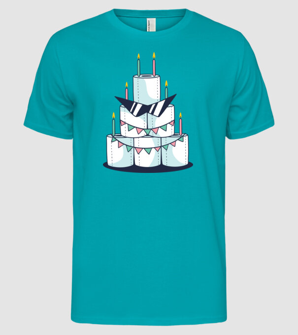 Tort de zi de naștere din hârtie igienică model turcoaz pe tricou