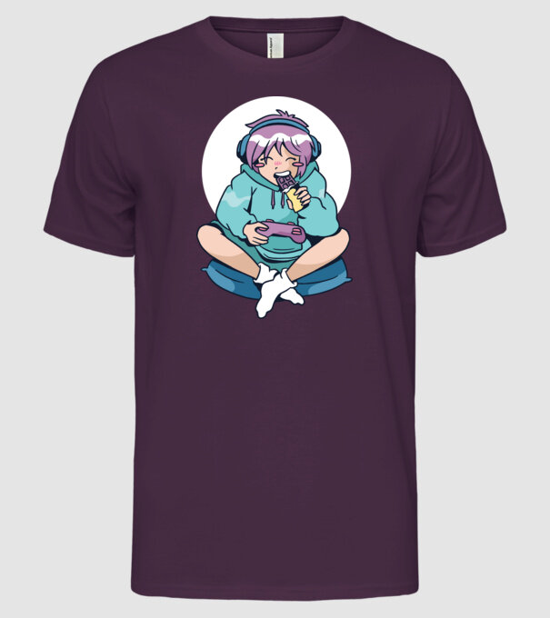 Anime Gamer Fată cu ciocolată model mov pe tricou