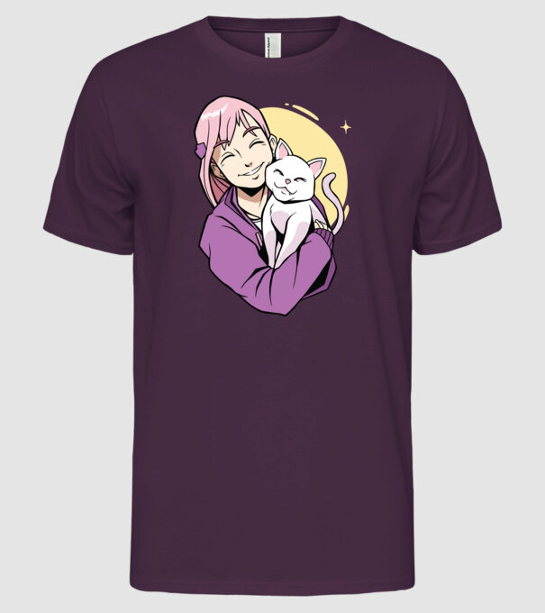 Anime fată cu pisică model mov pe tricou