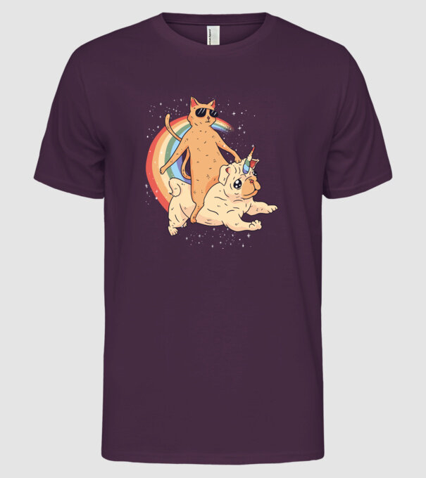 Pisică și Mops unicorn model mov pe tricou