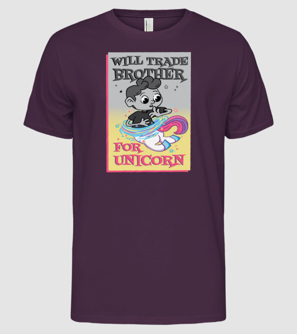 Îl ofer la schimb pe fratele meu pentru un unicorn model mov pe tricou