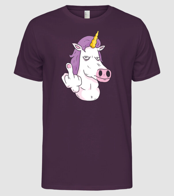 Unicorn arată degetul model mov pe tricou