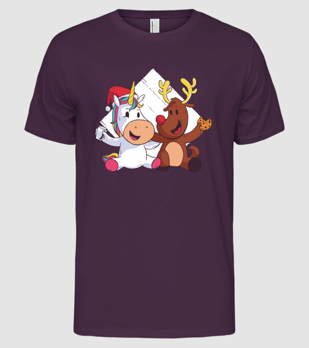 Unicorn și Ren prietenie tricou drăguț de Crăciun model mov pe tricou