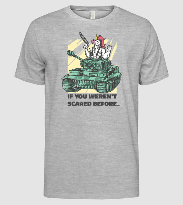Unicorn Tanc model gri pe tricou