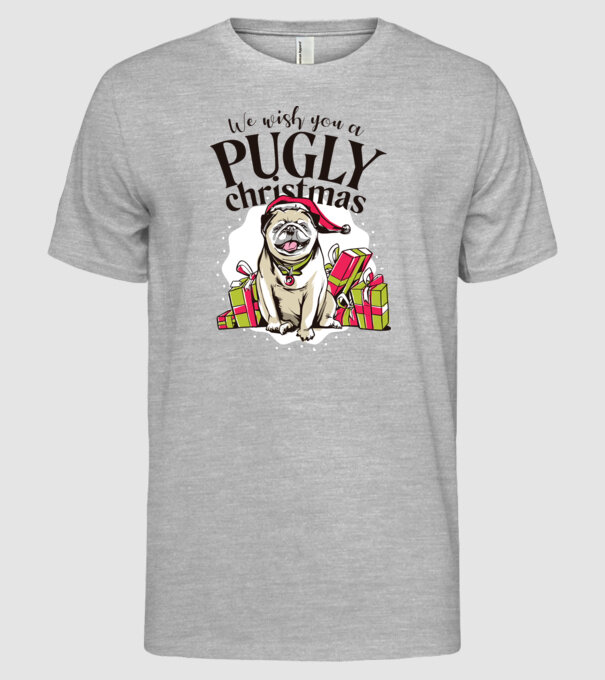 We wish You a Pugly Christmas tricou cu mops model gri pe tricou