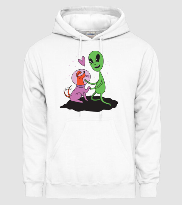 Alien cu câine model alb pe tricou