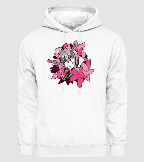 Anime fată printre flori model alb pe tricou