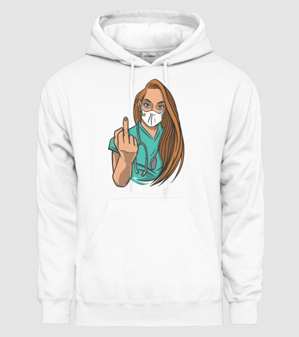 Asistentă medicală arată degetul model alb pe tricou