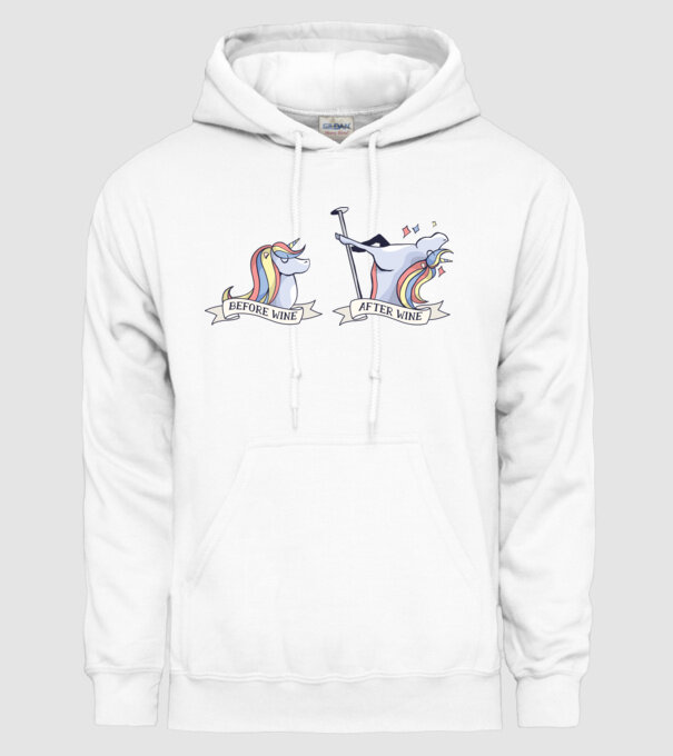 Înainte și după vin Unicorns model alb pe tricou